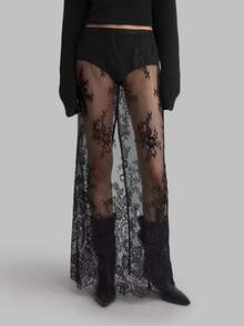 Ontre Women's Black Lace Skirt, Sheer Long Skirt, Summer Floral Elegant Sexy Flowy Bar Party Night, Vintage Semi-See-Through Vacation Wedding Guest Attire - Black - View 4