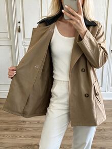 Louniche Women's Autumn/Winter Casual Solid Color Minimalist Raglan Collar Contrast Design Versatile Trench Coat Jacket Suitable For Outings, Commuting, Walking, Shopping - Khaki - View 3