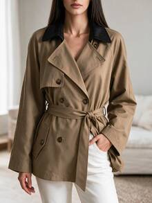 Louniche Women's Autumn/Winter Casual Solid Color Minimalist Raglan Collar Contrast Design Versatile Trench Coat Jacket Suitable For Outings, Commuting, Walking, Shopping - Khaki - View 5