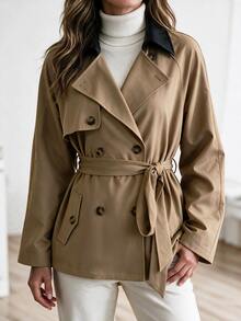 Louniche Women's Autumn/Winter Casual Solid Color Minimalist Raglan Collar Contrast Design Versatile Trench Coat Jacket Suitable For Outings, Commuting, Walking, Shopping - Khaki - View 6