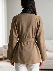 Louniche Women's Autumn/Winter Casual Solid Color Minimalist Raglan Collar Contrast Design Versatile Trench Coat Jacket Suitable For Outings, Commuting, Walking, Shopping - Khaki - View 2