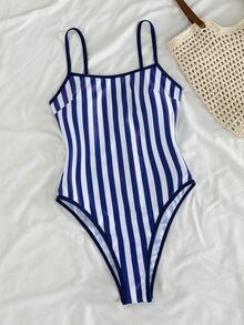 SHEIN Swim 春夏新款歐美跨境女款性感連身比基尼泳衣套裝，三點式高衩三角杯，海洋生物印花撞色細邊飾，小胸托高，雙肩帶，甜美清新顯瘦，適合溫泉、海灘、度假、生日派對 - 彩色 - 查看 4