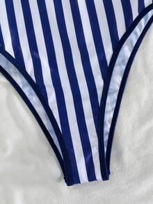 SHEIN Swim 春夏新款歐美跨境女款性感連身比基尼泳衣套裝，三點式高衩三角杯，海洋生物印花撞色細邊飾，小胸托高，雙肩帶，甜美清新顯瘦，適合溫泉、海灘、度假、生日派對 - 彩色 - 查看 6