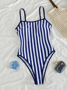 SHEIN Swim 春夏新款歐美跨境女款性感連身比基尼泳衣套裝，三點式高衩三角杯，海洋生物印花撞色細邊飾，小胸托高，雙肩帶，甜美清新顯瘦，適合溫泉、海灘、度假、生日派對 - 彩色 - 查看 3