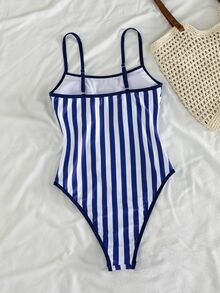SHEIN Swim 春夏新款歐美跨境女款性感連身比基尼泳衣套裝，三點式高衩三角杯，海洋生物印花撞色細邊飾，小胸托高，雙肩帶，甜美清新顯瘦，適合溫泉、海灘、度假、生日派對 - 彩色 - 查看 2