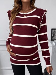 SHEIN 孕婦條紋圓領長袖拼接荷葉邊休閒毛衣 - 酒紅色 - 查看 6