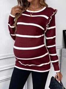 SHEIN 孕婦條紋圓領長袖拼接荷葉邊休閒毛衣 - 酒紅色 - 查看 5