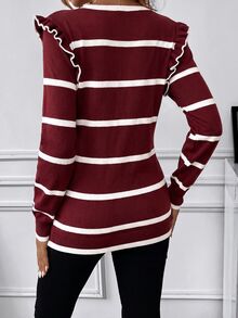 SHEIN 孕婦條紋圓領長袖拼接荷葉邊休閒毛衣 - 酒紅色 - 查看 2
