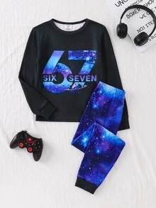 SHEIN 2件組兒童青少年男孩休閒日常舒適印花星空圖案67號圖案圓領套頭睡衣上衣與長褲針織家居服修身套裝 - 黑色 - 查看 8