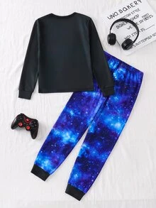 SHEIN 2件組兒童青少年男孩休閒日常舒適印花星空圖案67號圖案圓領套頭睡衣上衣與長褲針織家居服修身套裝 - 黑色 - 查看 2