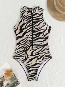 SHEIN Swim 夏季女士连体泳衣随机印花紧身拉链性感沙滩万圣节店铺庆典连体泳衣 - 彩色 - 查看 8