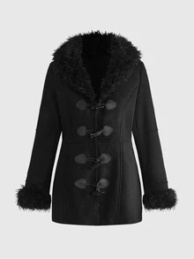 ROMWE Grunge Punk Chaqueta Punk de Ante y Pelo Sintético con Botones en Forma de Cuerno en la Parte Delantera - Negro - Ver 1