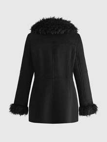 ROMWE Grunge Punk Chaqueta Punk de Ante y Pelo Sintético con Botones en Forma de Cuerno en la Parte Delantera - Negro - Ver 2