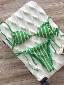 Swim SXY Women's Green Striped Jacquard Fabric Spaghetti Strap Metal Decor Bikini Set Spring/Summer Beach Vacation Tropical Sexy - Multicolor - View 2