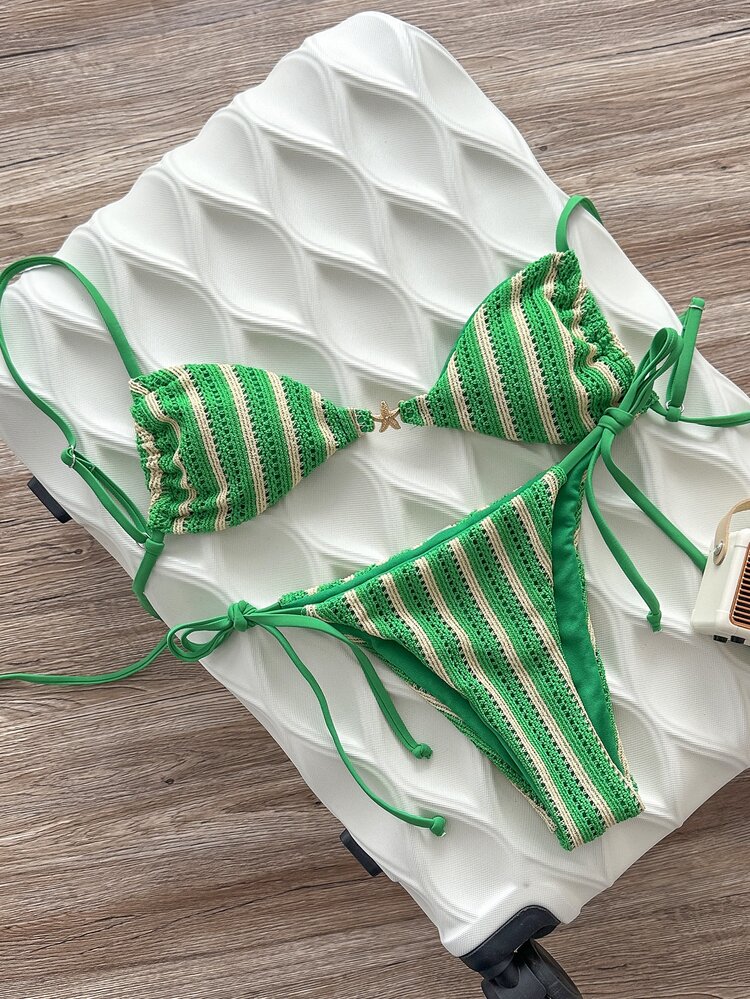 Swim SXY Women's Green Striped Jacquard Fabric Spaghetti Strap Metal Decor Bikini Set Spring/Summer Beach Vacation Tropical Sexy - Multicolor - View 2