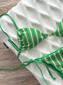 Swim SXY Women's Green Striped Jacquard Fabric Spaghetti Strap Metal Decor Bikini Set Spring/Summer Beach Vacation Tropical Sexy - Multicolor - View 5