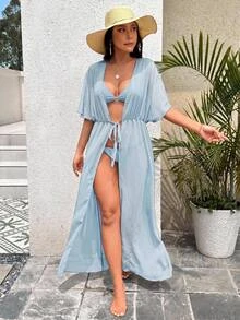 Breezaya Women's Minimalist Solid Color Versatile Tie-Front Kimono Robe For Vacation - Baby Blue - View 2