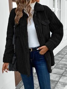EMERY ROSE Women's Casual Loose Fit Thermal Lined Long Sleeve Turndown Collar Jacket, Autumn/Winter Everyday Travel Black - Black - View 4