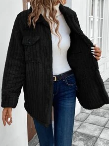 EMERY ROSE Women's Casual Loose Fit Thermal Lined Long Sleeve Turndown Collar Jacket, Autumn/Winter Everyday Travel Black - Black - View 3