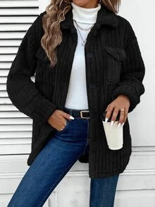 EMERY ROSE Women's Casual Loose Fit Thermal Lined Long Sleeve Turndown Collar Jacket, Autumn/Winter Everyday Travel Black - Black - View 5