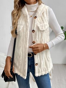 SHEIN LUNE جاكيت صوفية بدون أكمام مزينة بشرابات ذات لون واحد وملمس ناعم، مزودة بغطاء رأس وأزرار أمامية للنساء في فصلي الخريف والشتاء - لون مشمشي - مشاهدة 3