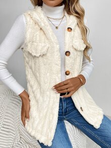 SHEIN LUNE جاكيت صوفية بدون أكمام مزينة بشرابات ذات لون واحد وملمس ناعم، مزودة بغطاء رأس وأزرار أمامية للنساء في فصلي الخريف والشتاء - لون مشمشي - مشاهدة 9