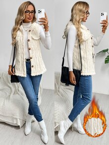 SHEIN LUNE جاكيت صوفية بدون أكمام مزينة بشرابات ذات لون واحد وملمس ناعم، مزودة بغطاء رأس وأزرار أمامية للنساء في فصلي الخريف والشتاء - لون مشمشي - مشاهدة 8