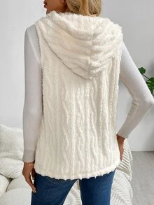 SHEIN LUNE جاكيت صوفية بدون أكمام مزينة بشرابات ذات لون واحد وملمس ناعم، مزودة بغطاء رأس وأزرار أمامية للنساء في فصلي الخريف والشتاء - لون مشمشي - مشاهدة 4