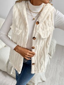 SHEIN LUNE جاكيت صوفية بدون أكمام مزينة بشرابات ذات لون واحد وملمس ناعم، مزودة بغطاء رأس وأزرار أمامية للنساء في فصلي الخريف والشتاء - لون مشمشي - مشاهدة 7