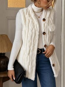 SHEIN LUNE جاكيت صوفية بدون أكمام مزينة بشرابات ذات لون واحد وملمس ناعم، مزودة بغطاء رأس وأزرار أمامية للنساء في فصلي الخريف والشتاء - لون مشمشي - مشاهدة 2