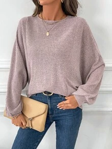 EMERY ROSE Women Crew Neck Bat Wing Textured Soft Knit Casual Elegant Warm Pullover Sweatshirt For Autumn/Winter,Long Sleeve Tops Brunch Dusty Mauve - Dusty Pink - View 6