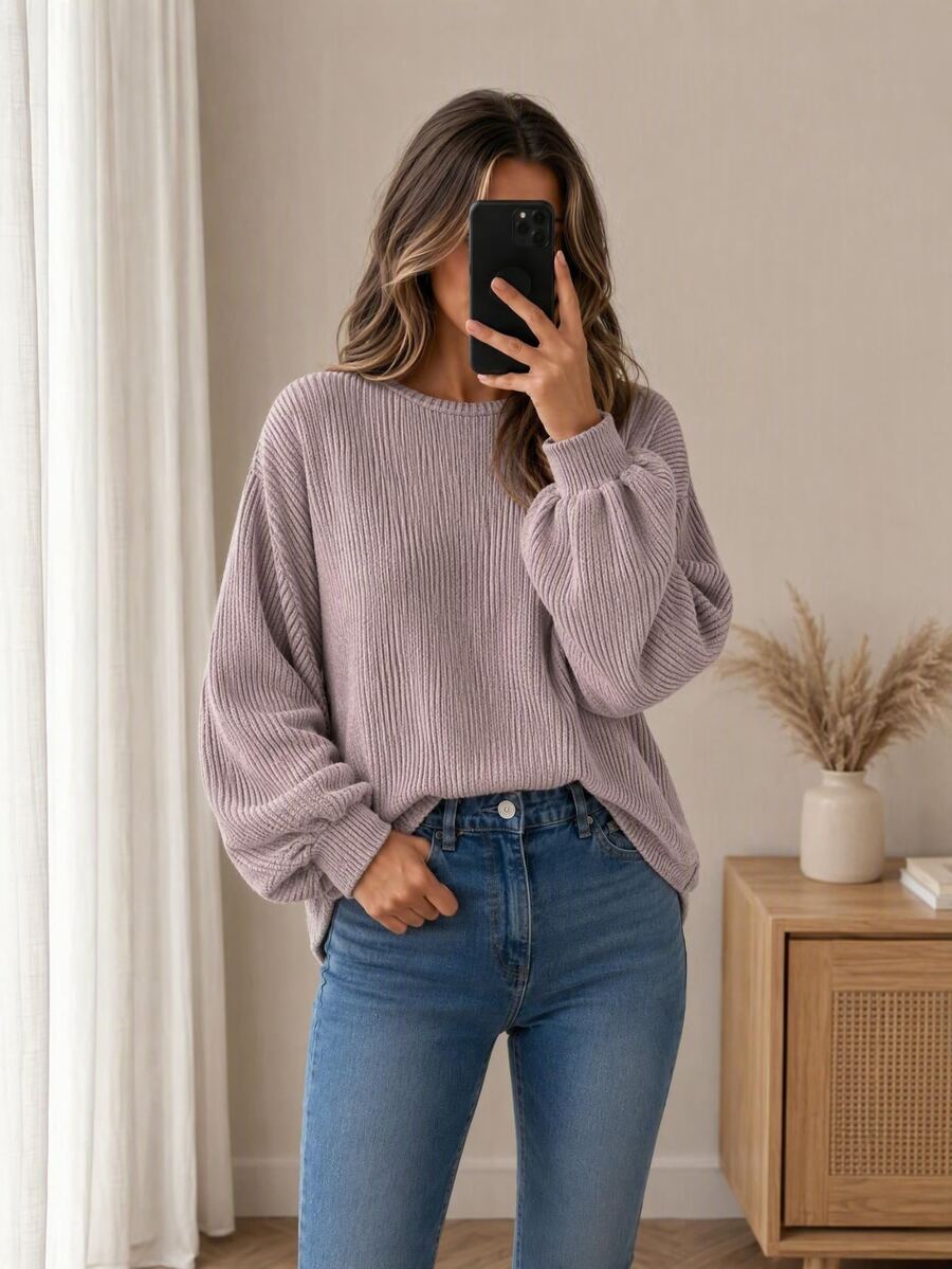 EMERY ROSE Women Crew Neck Bat Wing Textured Soft Knit Casual Elegant Warm Pullover Sweatshirt For Autumn/Winter,Long Sleeve Tops Brunch Dusty Mauve - Dusty Pink - View 1