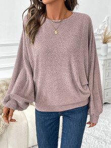 EMERY ROSE Women Crew Neck Bat Wing Textured Soft Knit Casual Elegant Warm Pullover Sweatshirt For Autumn/Winter,Long Sleeve Tops Brunch Dusty Mauve - Dusty Pink - View 5