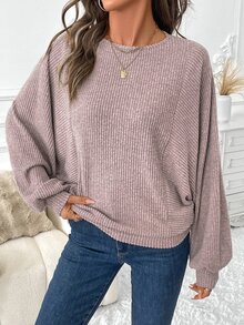 EMERY ROSE Women Crew Neck Bat Wing Textured Soft Knit Casual Elegant Warm Pullover Sweatshirt For Autumn/Winter,Long Sleeve Tops Brunch Dusty Mauve - Dusty Pink - View 7