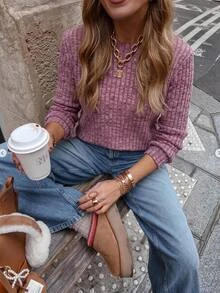 SHEIN LUNE Sudadera básica de mujer de unicolor acanalado de manga larga, tops de manga larga en otoño/invierno - Burdeos - Ver 8