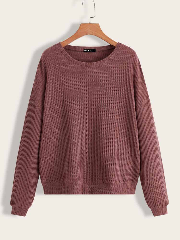 SHEIN LUNE 华夫格针织落肩套头衫 勃艮第红毛衣 女款 栗色毛衣 莫莱托姆·罗莎 毕业典礼、返校服装、毕业典礼、女士教师服装、秋冬返校 - 藕粉色 - 查看 5