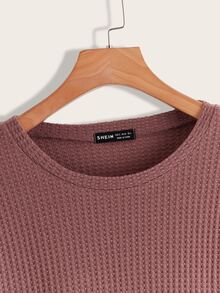 SHEIN LUNE 华夫格针织落肩套头衫 勃艮第红毛衣 女款 栗色毛衣 莫莱托姆·罗莎 毕业典礼、返校服装、毕业典礼、女士教师服装、秋冬返校 - 藕粉色 - 查看 3