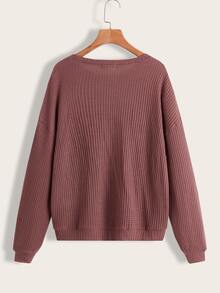 SHEIN LUNE 华夫格针织落肩套头衫 勃艮第红毛衣 女款 栗色毛衣 莫莱托姆·罗莎 毕业典礼、返校服装、毕业典礼、女士教师服装、秋冬返校 - 藕粉色 - 查看 2