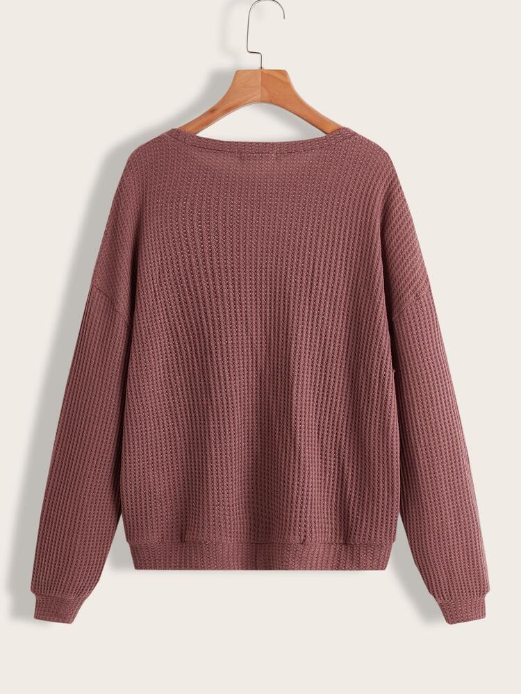 SHEIN LUNE 华夫格针织落肩套头衫 勃艮第红毛衣 女款 栗色毛衣 莫莱托姆·罗莎 毕业典礼、返校服装、毕业典礼、女士教师服装、秋冬返校 - 藕粉色 - 查看 2