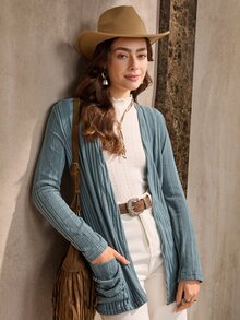SHEIN LUNE Abrigo casual de mujer con abertura frontal acanalado para otoño/invierno - Neblina azul - Ver 3