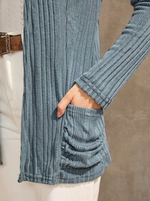 SHEIN LUNE Abrigo casual de mujer con abertura frontal acanalado para otoño/invierno - Neblina azul - Ver 7