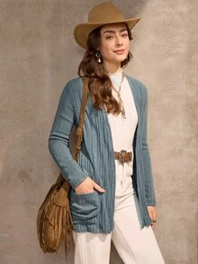 SHEIN LUNE Abrigo casual de mujer con abertura frontal acanalado para otoño/invierno - Neblina azul - Ver 8