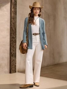 SHEIN LUNE Abrigo casual de mujer con abertura frontal acanalado para otoño/invierno - Neblina azul - Ver 4
