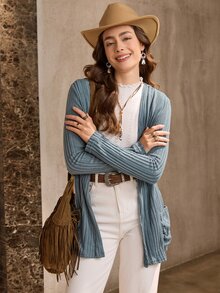 SHEIN LUNE Abrigo casual de mujer con abertura frontal acanalado para otoño/invierno - Neblina azul - Ver 6