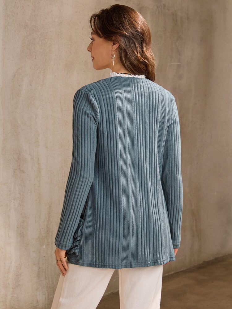 SHEIN LUNE Women Casual Ribbed Open Front Coat In Fall/Winter,Casual - Dusty Blue - View 2