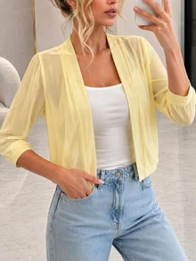 SHEIN LUNE Autumn/Winter Open Front Transparent Mesh Casual Sexy Elegant Jacket Club Night Out Party Light Yellow - Light Yellow - View 1