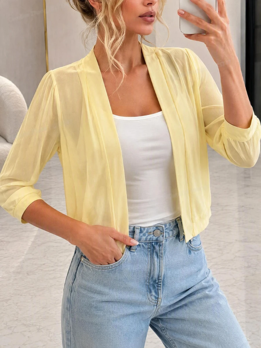 SHEIN LUNE Autumn/Winter Open Front Transparent Mesh Casual Sexy Elegant Jacket Club Night Out Party Light Yellow - Light Yellow - View 1