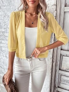 SHEIN LUNE Autumn/Winter Open Front Transparent Mesh Casual Sexy Elegant Jacket Club Night Out Party Light Yellow - Light Yellow - View 6