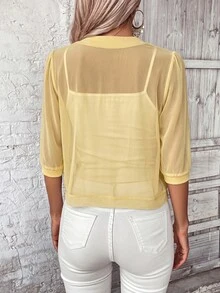 SHEIN LUNE Autumn/Winter Open Front Transparent Mesh Casual Sexy Elegant Jacket Club Night Out Party Light Yellow - Light Yellow - View 2