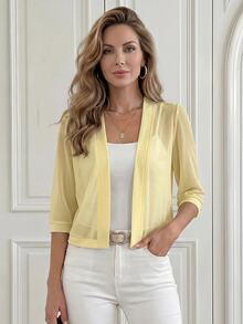 SHEIN LUNE Autumn/Winter Open Front Transparent Mesh Casual Sexy Elegant Jacket Club Night Out Party Light Yellow - Light Yellow - View 8